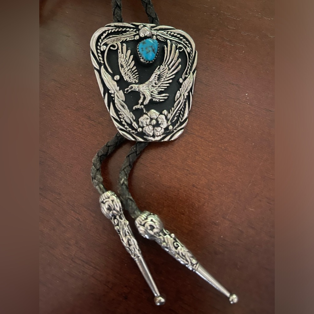 Silver and Turquoise Bolo Tie with Eagle Design - Picture 2 of 6